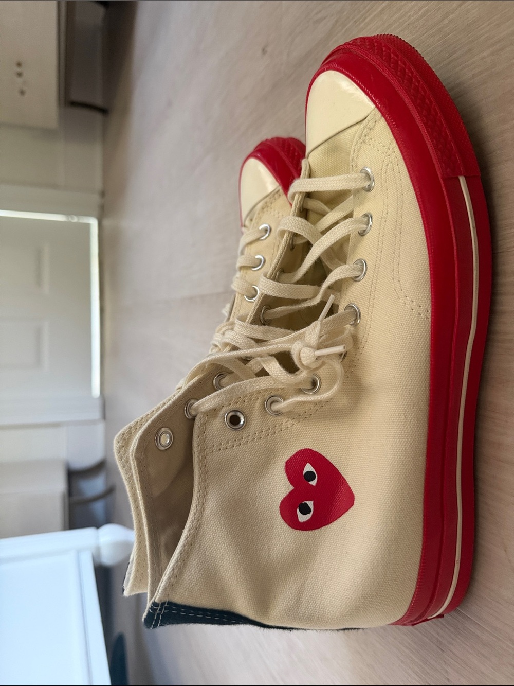 Converse Cream High-Top Sneakers with Red Sole and Heart Logo